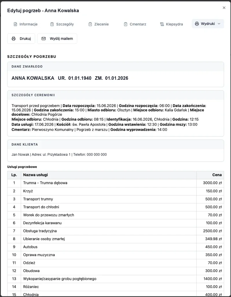 Wydruk szczegółów pogrzebu z DMS Planer